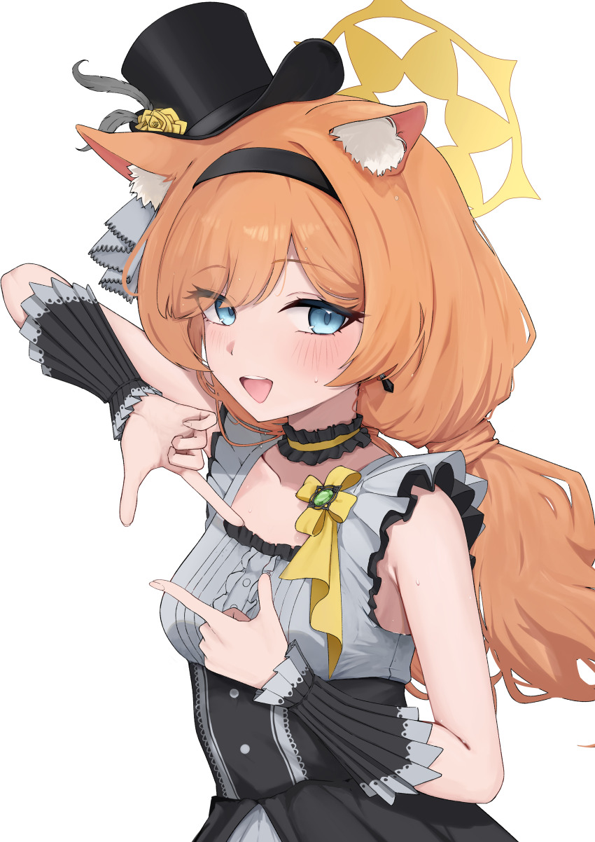 1girl absurdres animal_ear_fluff animal_ears black_dress black_hairband black_hat blue_archive blue_eyes blush cat_ears cat_girl dress earrings flower hair_between_eyes hairband hat hat_feather hat_flower highres jewelry long_hair looking_at_viewer low_twintails mari_(blue_archive) mari_(idol)_(blue_archive) official_alternate_costume official_alternate_hairstyle open_mouth orange_hair queensalmon221 ribbon sidelocks solo teeth twintails upper_teeth_only wrist_cuffs yellow_flower yellow_ribbon