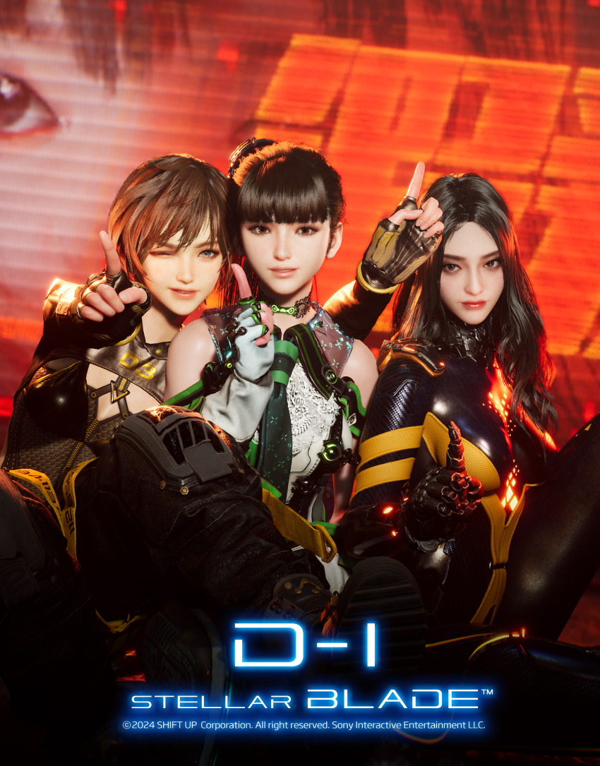 3d 3girls black_bodysuit black_hair blue_eyes blunt_bangs bodysuit brown_eyes brown_hair clothing_cutout countdown eve_(stellar_blade) fingerless_gloves gloves green_necktie highres lily_(stellar_blade) long_hair looking_at_viewer multiple_girls necktie official_art one_eye_closed parted_bangs planet_diving_suit_(7th)_(stellar_blade) shoulder_cutout sitting smile stellar_blade tachy_(stellar_blade) two-tone_bodysuit yellow_bodysuit
