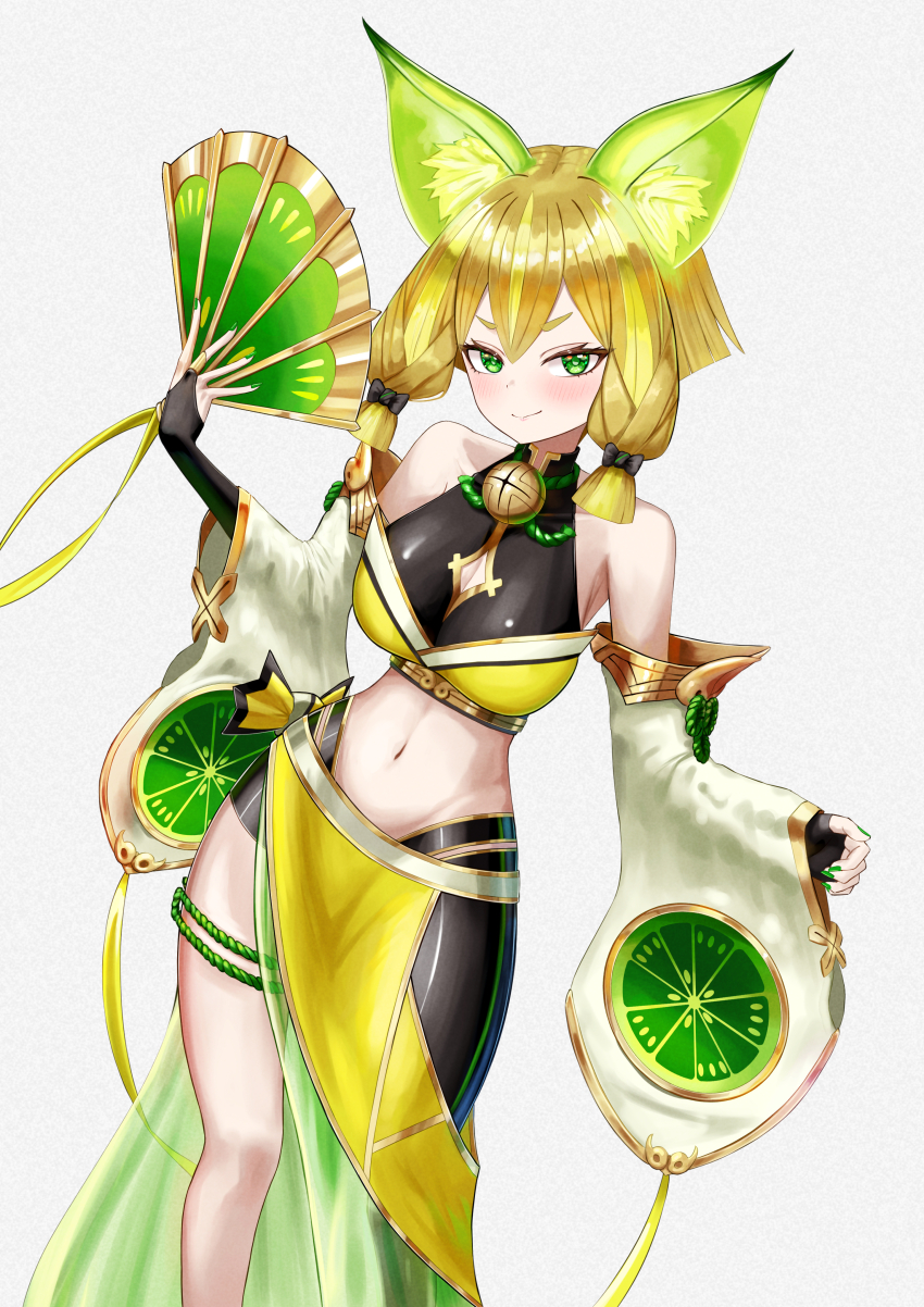 1girl absurdres animal_ears blonde_hair breasts crop_top detached_sleeves duel_monster feet_out_of_frame fox_ears fox_girl fox_tail green_eyes green_hair hand_fan highres holding holding_fan hu-li_the_jewel_mikanko long_sleeves medium_breasts midriff navel short_hair_with_long_locks smile solo tail triangle_del yu-gi-oh!