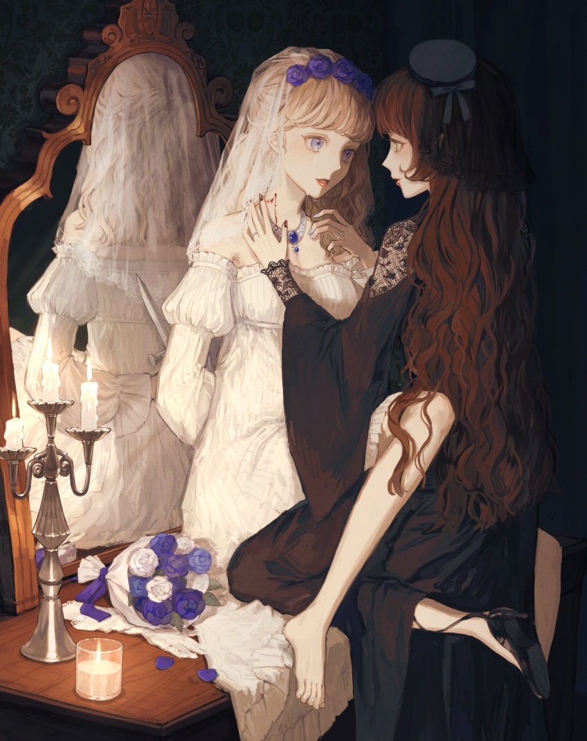 2girls albino arm_behind_back bare_shoulders barefoot between_legs bite_mark black_background black_dress black_footwear black_headwear black_veil black_vs_white bleeding blonde_hair blood blue_eyes blue_gemstone blue_nails bouquet bridal_veil brown_hair candle candlestand collar commentary dagger dress eye_contact flower flower_wreath foot_out_of_frame frilled_dress frills from_side gem green_eyes hair_flower hair_ornament hair_ribbon half_updo hand_on_another&#039;s_neck hand_up head_wreath high_heels highres holding holding_dagger holding_knife holding_weapon indoors jewelry knife kotobuki_nashiko lace lace-trimmed_dress lace-trimmed_veil lace_trim long_hair long_sleeves looking_at_another medium_hair metal_collar mirror multiple_girls nail_polish off-shoulder_dress off_shoulder open_mouth original pointy_ears puffy_long_sleeves puffy_sleeves purple_flower purple_rose red_nails reflection ribbon ring rose sitting sitting_on_table smile standing standing_on_one_leg strappy_heels tears toes vampire vampire_bite veil wavy_hair weapon white_dress white_flower white_rose wide_sleeves yuri