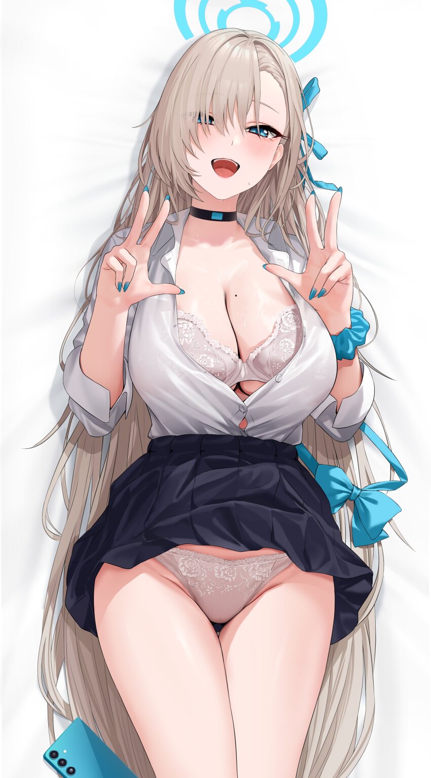 1girl absurdres asuna_(blue_archive) black_choker black_skirt blonde_hair blue_archive blue_bow blue_eyes blue_nails blue_wrist_cuffs blush bow bra breasts choker cleavage collared_shirt frilled_wrist_cuffs frills halo highres lace lace_bra large_breasts looking_at_viewer mole mole_on_breast open_clothes open_mouth open_shirt pleated_skirt school_uniform shirt single_wrist_cuff skirt solo underwear w wanne white_shirt wrist_cuffs