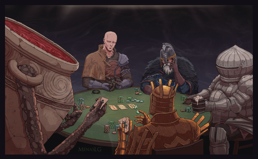 5boys absurdres ace_(playing_card) ace_of_clubs ace_of_hearts alcohol armor artist_name bald beard beer beer_mug benhart_of_jugo card club_(shape) commentary cup dark_souls_(series) dark_souls_i dark_souls_ii dark_souls_iii english_commentary facial_hair full_armor gauntlets gold_armor heart highres iron_fist_alexander jack_(playing_card) jack_of_hearts king_(playing_card) king_of_clubs knight_lautrec_of_carim looking_at_viewer menaslg mug multiple_boys no_eyebrows patches_(fromsoftware) pauldrons playing_card poker poker_chip poker_table queen_(playing_card) queen_of_spades_(playing_card) round_table shoulder_armor siegward_of_catarina single_pauldron spade_(shape) table ten_of_spades three_of_hearts