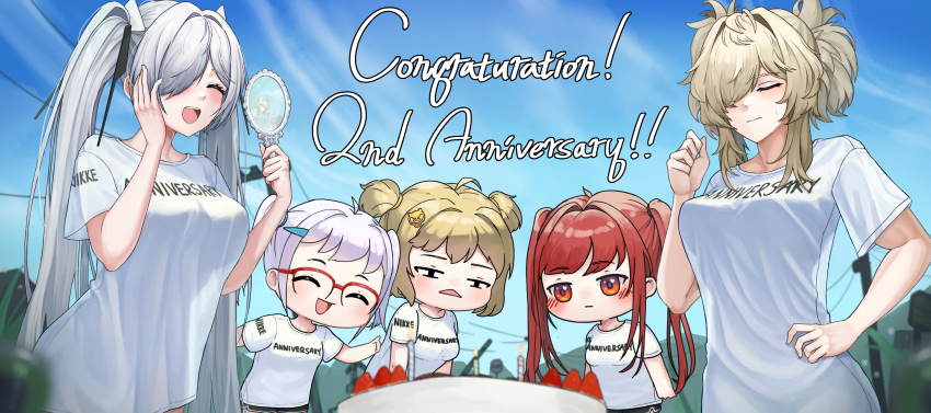 5girls absurdres anis_(nikke) blonde_hair blush breasts cake cinderella_(nikke) counters_(nikke) food fruit glasses goddess_of_victory:_nikke grave_(nikke) grey_hair hair_over_one_eye hand_mirror highres holding holding_mirror large_breasts long_hair mirror multiple_girls neon_(nikke) one_eye_covered open_mouth over-rim_eyewear rapi_(nikke) red_eyes sagle semi-rimless_eyewear shirt short_hair smile strawberry strawberry_shortcake t-shirt twintails very_long_hair white_hair