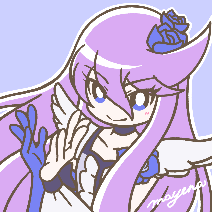 1girl asymmetrical_gloves blue_choker blush bright_pupils choker closed_mouth cure_moonlight elbow_gloves flower flower_hands flower_tact gloves hair_flower hair_ornament heartcatch_precure! highres jewelry long_hair looking_at_viewer magical_girl mayena outline precure purple_background purple_flower purple_hair purple_rose rose signature simple_background single_elbow_glove single_glove smile solo tsukikage_yuri upper_body white_outline white_pupils