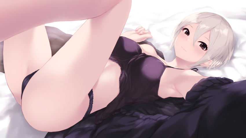 1girl ass bare_legs black_camisole black_cardigan black_panties blush breasts cait_aron cameltoe camisole cardigan grey_hair highres idolmaster idolmaster_cinderella_girls legs_up light_smile looking_at_viewer lying medium_breasts on_back panties shiomi_syuko short_hair solo underwear