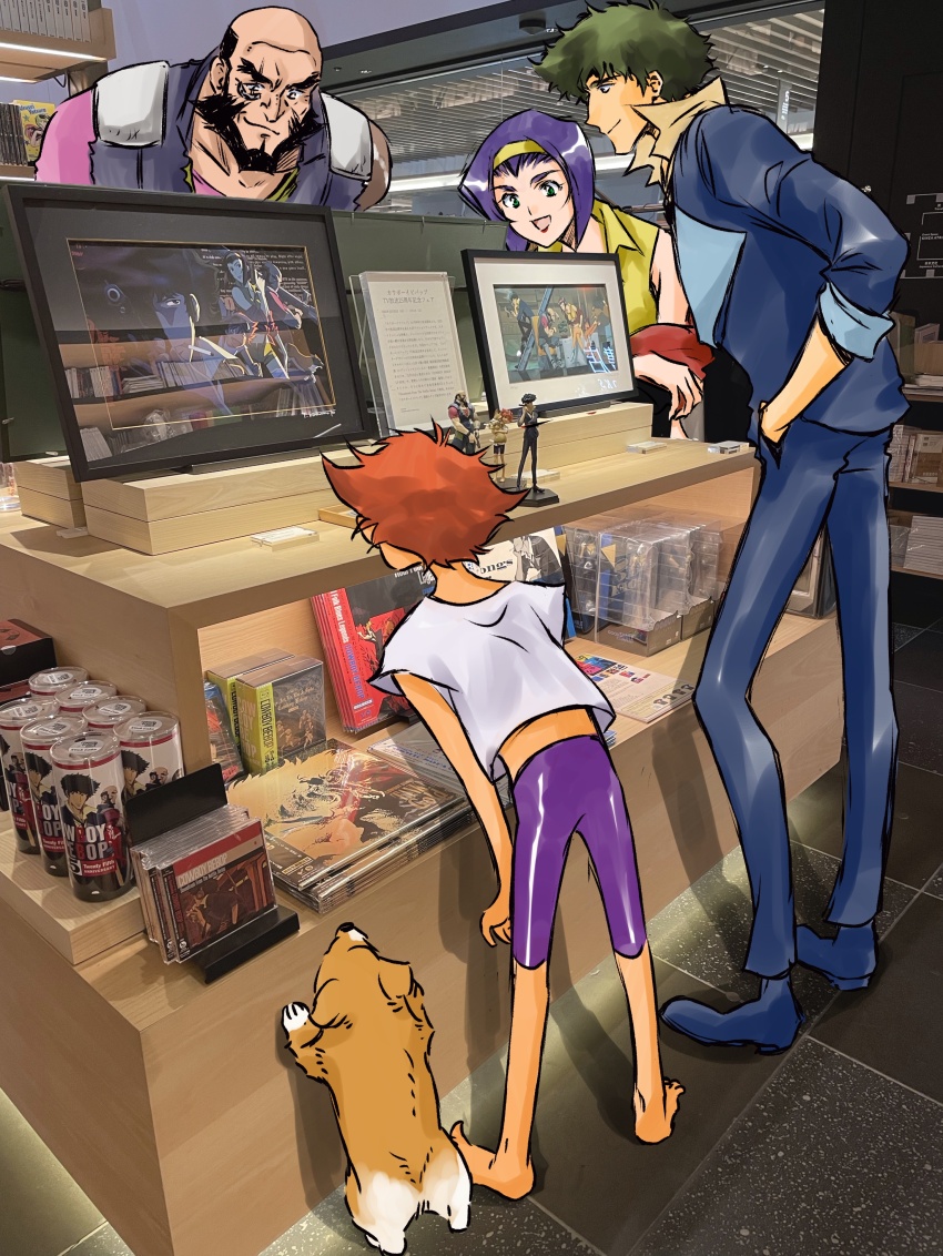absurdres barefoot cowboy_bebop dog edward_wong_hau_pepelu_tivrusky_iv ein_(cowboy_bebop) faye_valentine figure green_hair hairband hands_in_pockets happy highres jet_black orange_hair photo_(medium) prosthesis prosthetic_arm scar scar_across_eye scar_on_face spike_spiegel standing tobalin welsh_corgi yellow_hairband