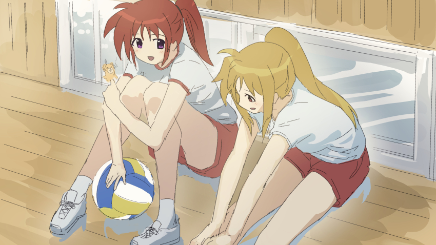 2girls absurdres ball blonde_hair couple fate_testarossa gym_uniform happy highres looking_at_another lyrical_nanoha mahou_shoujo_lyrical_nanoha multiple_girls naganegi_sinsen ponytail purple_eyes red_eyes side_ponytail sitting smile takamachi_nanoha thighs volleyball volleyball_(object) yuri yuuno_scrya