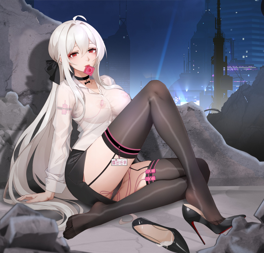 1girl artist_name black_choker black_panties black_shoes black_skirt black_thighhighs bone_necklace breasts chinese_commentary choker christian_louboutin_(brand) closed_mouth collared_shirt commentary_request condom condom_in_mouth condom_wrapper covered_erect_nipples garter_straps high_heels highres large_breasts long_hair long_sleeves looking_at_viewer louboutins mouth_hold night night_sky nipple_stimulation office_lady original outdoors panties patent_heels ponytail pumps red_eyes red_soles see-through_clothes see-through_shirt sex_toy shirt shoes sitting skirt sky solo stiletto_heels thighhighs underwear variant_set vibrator vibrator_cord vibrator_in_thighhighs vibrator_on_nipple vibrator_under_clothes vibrator_under_panties white_hair white_shirt xnnagu