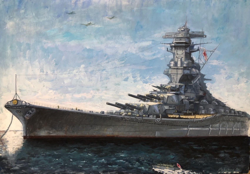 absurdres atelier_634 cannon flag highres imperial_japanese_navy landing_craft military_vehicle morning ocean oil_painting_(medium) original painting_(medium) rising_sun_flag ship ship_turret sunburst traditional_media vehicle_focus warship watercraft yamato_(battleship)