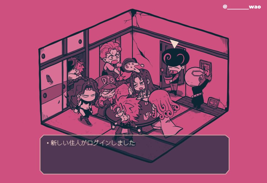 6+boys afro angry battle_tendency belt birthmark bow chibi chibi_only commentary_request crack diamond_wa_kudakenai diavolo diego_brando dinosaur_tail dio_brando door doorway earrings enrico_pucci fake_screenshot formal_clothes funny_valentine gloves hat helmet highres holding horns indoors isometric jewelry joestar_birthmark jojo_no_kimyou_na_bouken jojolion kars_(jojo) kira_yoshikage locacaca loincloth long_coat long_hair monochrome multiple_boys pants pelvic_curtain phantom_blood photo_(object) pink_theme reverse_suspended_congress scary_monsters_(stand) sex_from_behind shaded_face short_hair sitting sliding_doors smile stardust_crusaders steel_ball_run stone_ocean suit sweatdrop table tail tooru_(jojolion) topless_male translation_request two-tone_pants vento_aureo walking wao