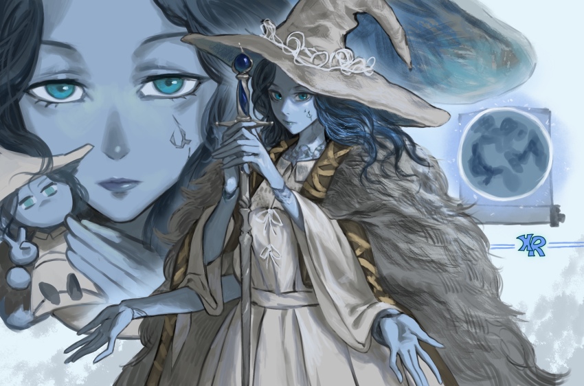 1girl artist_request blue_eyes blue_hair blue_lips blue_skin brown_cloak character_doll cloak closed_mouth colored_skin commentary_request cracked_skin doll_joints dress elden_ring extra_arms fur_cloak fur_trim hat highres holding holding_staff joints large_hat lips long_hair magic miniature_ranni moon ranni_the_witch scroll simple_background solo staff v wavy_hair white_background white_dress white_hat wide_sleeves witch witch_hat