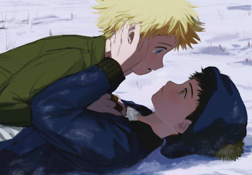 2boys animification black_hair blonde_hair blue_eyes blue_hat blue_jacket chullo chunai_tuju craig_tucker green_eyes green_shirt hand_on_another&#039;s_face hat highres jacket looking_at_another lying lying_on_person male_focus multiple_boys on_back open_clothes open_jacket shirt short_hair snow south_park tweek_tweak white_shirt yaoi