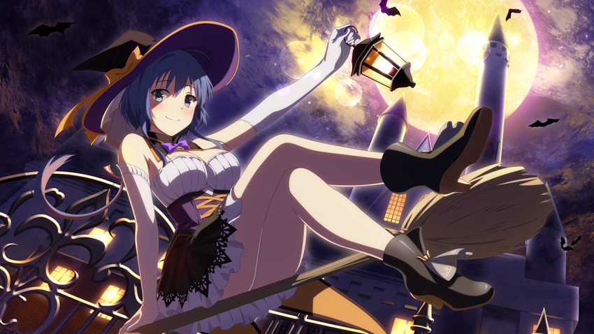 1girl bat_(animal) black_boots blue_hair boots breasts broom broom_riding building cleavage closed_mouth corset crossed_legs dress elbow_gloves full_moon game_cg gloves halloween hat high_heel_boots high_heels holding holding_lantern lantern large_breasts looking_at_viewer moon night official_art purple_corset purple_hat setouchi_chie sitting sky smile solo toji_no_miko toji_no_miko:_kizamishi_issen_no_tomoshibi white_dress white_gloves witch_hat