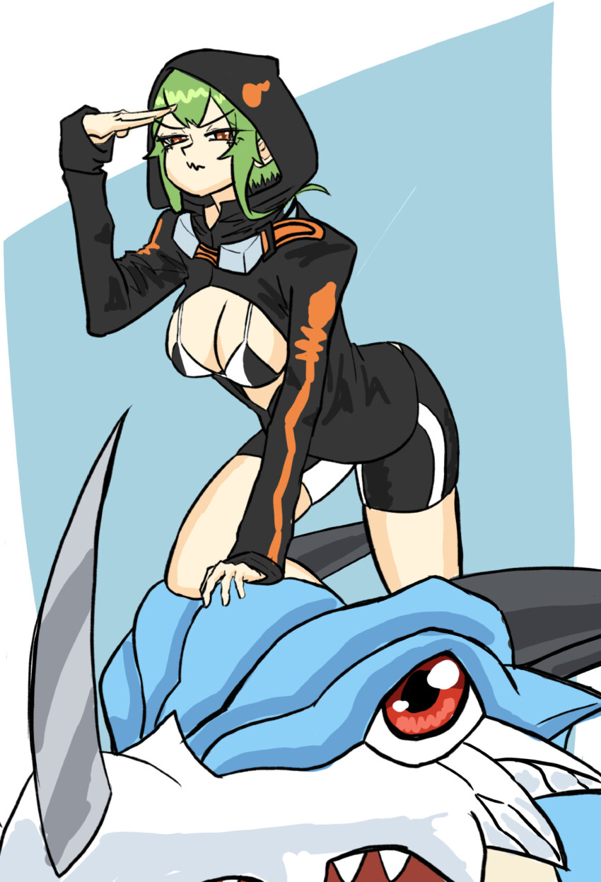 bikini bikini_top_only breasts digimon goggles goggles_around_neck highres hood hoodie shinomiya_rina swimsuit v-dramon
