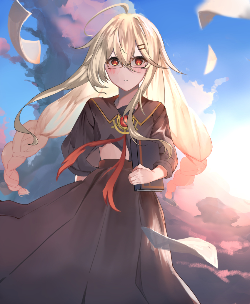 1girl ahoge akatsuki_yami alchemy_stars black_shirt black_skirt blush book braid brooch cloud english_text floating_hair glasses grey_hair hair_between_eyes hair_ornament hairclip high-waist_skirt highres holding holding_book jewelry long_hair looking_at_viewer motion_blur official_alternate_costume outdoors paper parted_lips red_eyes shirt skirt solo twin_braids uriel_(alchemy_stars) window