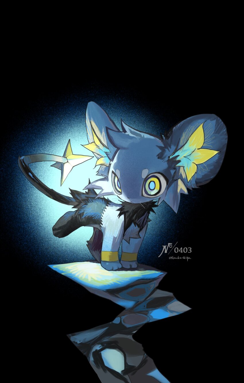 :&lt; animal_ear_fluff black_fur blue_fur body_fur bright_pupils dark frown gen_4_pokemon glowing_tail highres kamikiririp multicolored_fur neck_fur nintendo no_humans pokedex_number pokemon pokemon_(creature) pokemon_focus shinx short_eyebrows solo tail whiskers yellow_eyes yellow_fur
