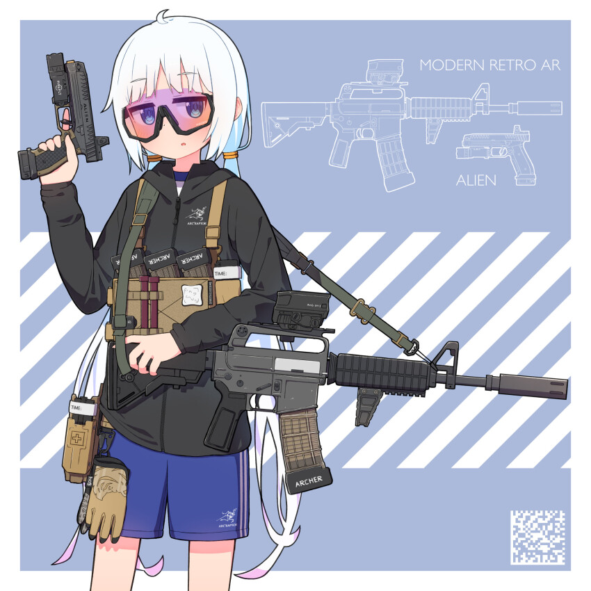 1girl ar-15 assault_rifle black_hoodie blue_eyes blue_hair blue_shorts carbine english_text gloves gun gun_sling handgun hood hoodie laugo_alien laugo_arms looking_at_viewer low_bore_axis_pistol magazine_(weapon) miriota multicolored_hair original pigtail_braids pistol rifle safety_glasses shorts suppressor trigger_discipline two-tone_hair weapon white_hair