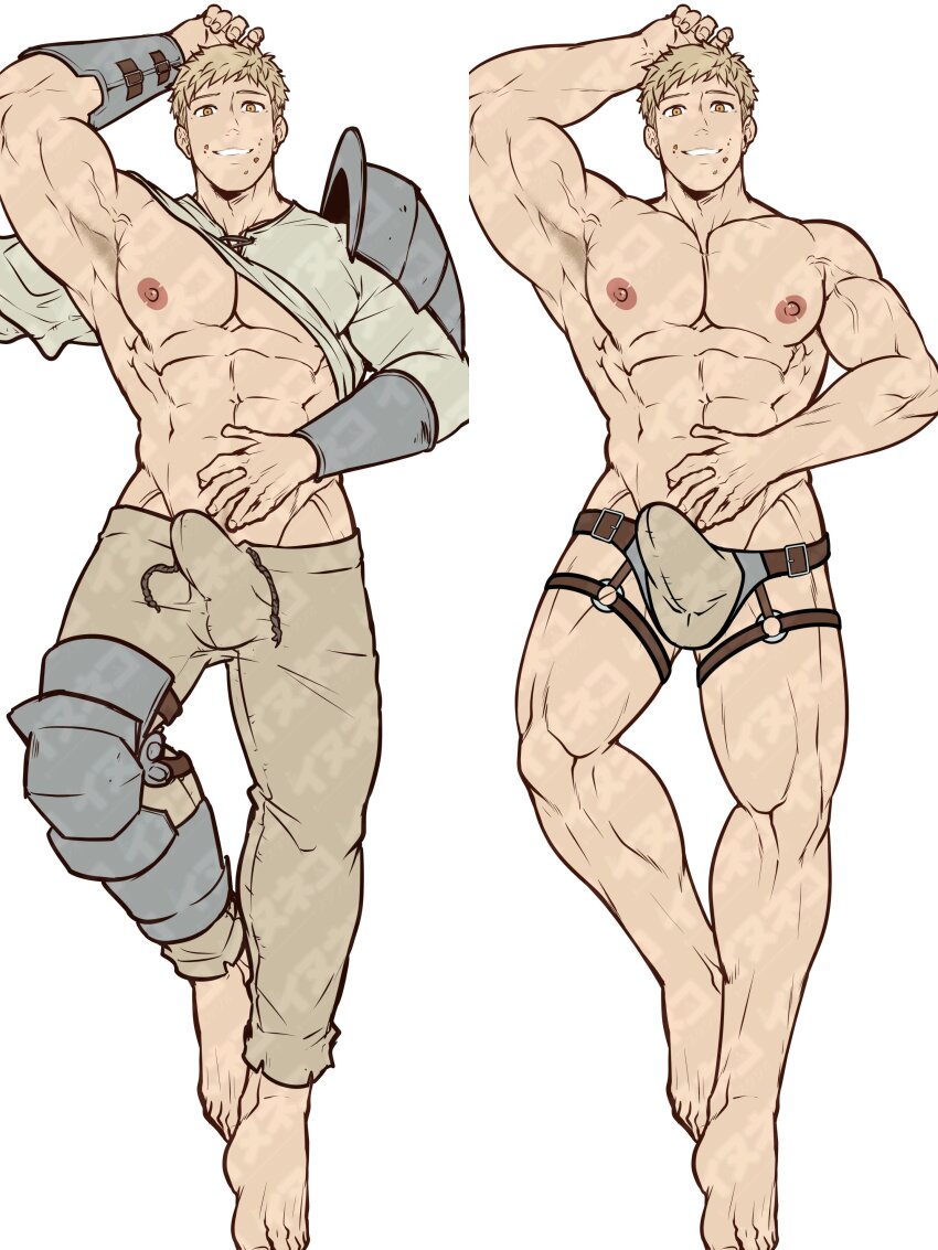 1boy abs absurdres armor bara barefoot blonde_hair brown_male_underwear brown_pants brown_shirt bulge clothes_lift dungeon_meshi erection erection_under_clothes highres inunekostudio laios_touden large_pectorals looking_at_viewer male_focus male_underwear muscular muscular_male navel nipples pants pauldrons pectorals shirt shirt_lift short_hair shoulder_armor simple_background single_pauldron smile underwear unfinished white_background