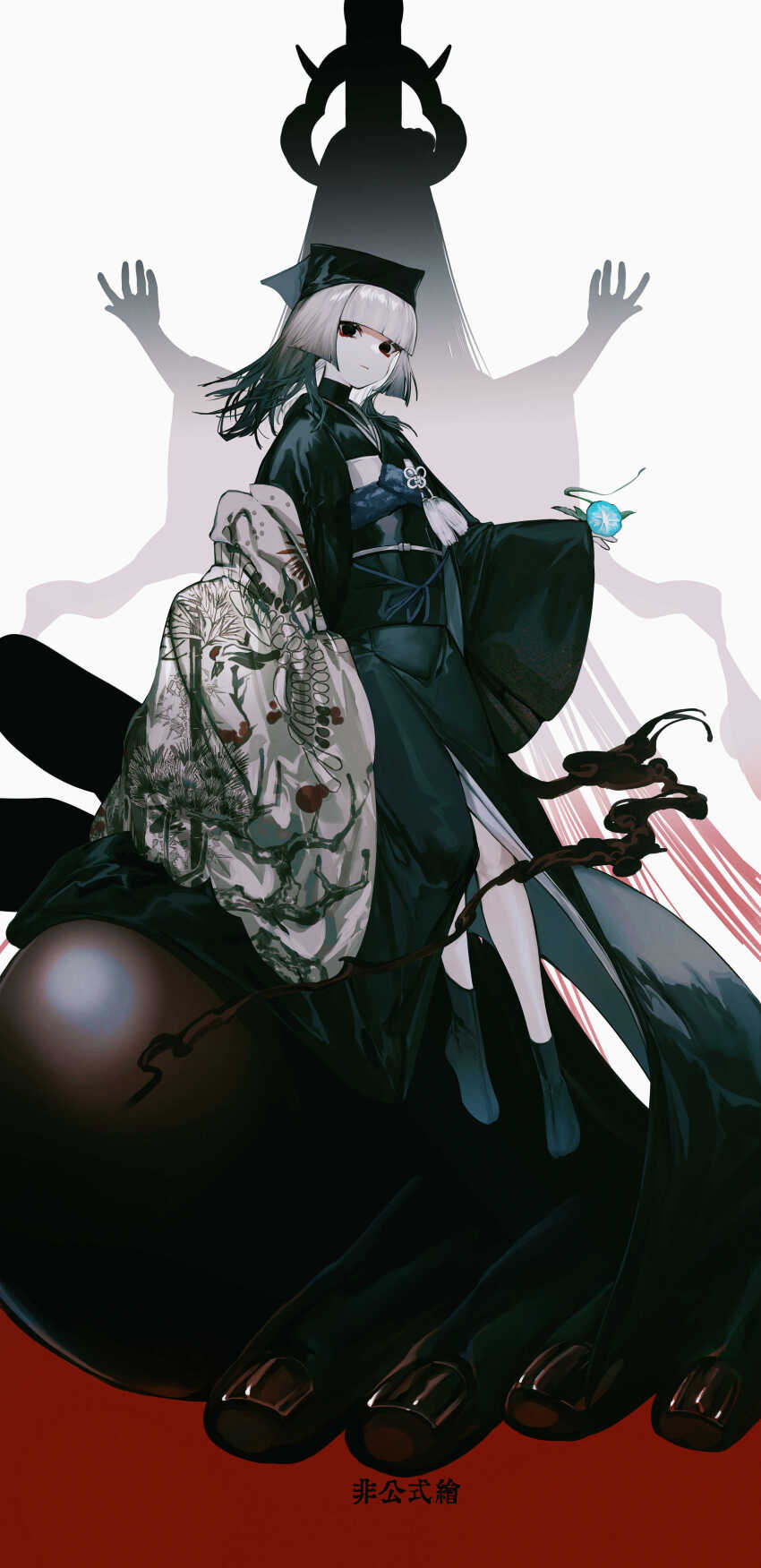 1girl absurdres albino_(a1b1n0623) black_eyes black_hair black_hat black_kimono blunt_bangs breasts fate/grand_order fate_(series) full_body ghost_hands gradient_hair grey_hair hat highres japanese_clothes kimono long_sleeves looking_at_viewer medium_hair multicolored_hair obi sash sen_no_rikyu_(fate) sen_no_rikyu_(second_ascension)_(fate) small_breasts solo tassel white_kimono wide_sleeves