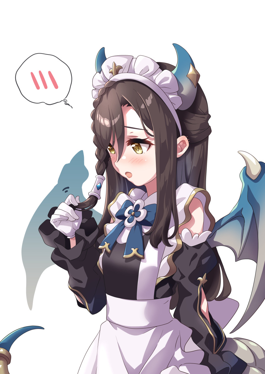 1girl absurdres apron black_dress black_sleeves blue_bow blue_bowtie blue_horns blue_tail blue_wings blush bow bowtie braid brown_hair detached_sleeves dragon_girl dragon_horns dragon_tail dragon_wings dress ear_blush embarrassed gloves hair_ornament half_updo highres horns lind_(princess_connect!) maid maid_apron maid_headdress open_mouth parted_bangs playing_with_own_hair princess_connect! simple_background solo tail tsukachii white_apron white_background white_gloves wings yellow_eyes
