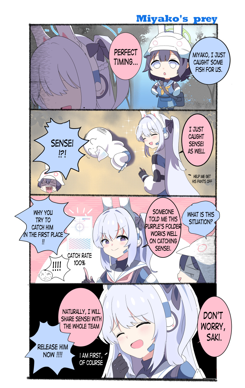 1girl 2girls absurdres animal_ear_headphones animal_ears blue_archive blue_halo blue_serafuku fake_animal_ears green_halo halo headphones helmet highres miyako_(blue_archive) multiple_girls neckerchief one_side_up open_mouth pink_neckerchief rabbit_ear_headphones saabyboi saki_(blue_archive) school_uniform serafuku speech_bubble white_hair white_helmet yellow_neckerchief