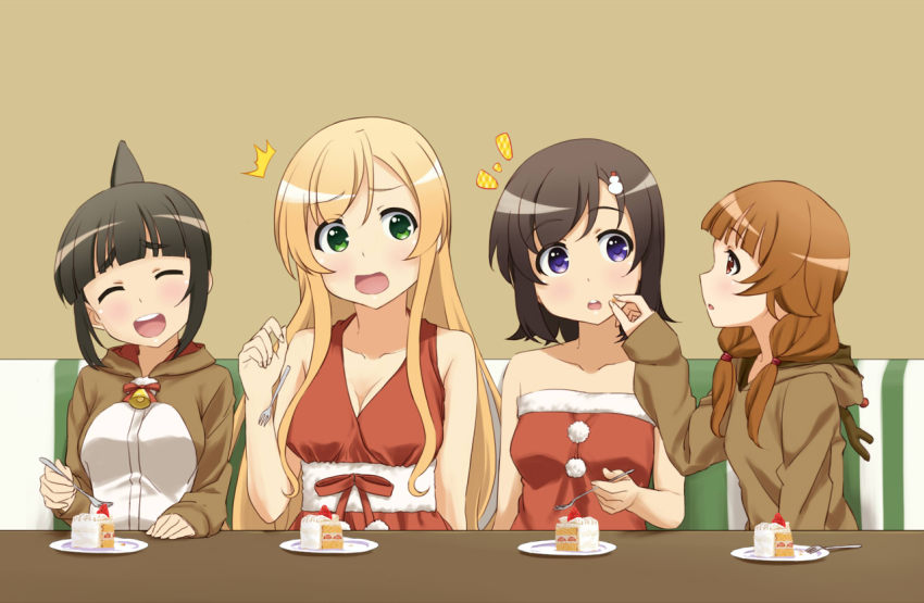 ^^^ 10s 4girls :d ^_^ animal_costume blonde_hair brown_hair cake christmas christmas_cake collarbone costume closed_eyes food fork fruit futsuu_no_joshikousei_ga_locodol_yattemita green_eyes hair_ornament kohinata_yukari long_hair low_twintails mikoze_yui multiple_girls nazukari_mirai open_mouth parted_lips plate purple_eyes red_eyes reindeer_costume shikou_sakugo_(qqap9gt9k) shikousakugo shirt sleeveless sleeveless_shirt smile snowman_hair_ornament strawberry table teeth twintails usami_nanako