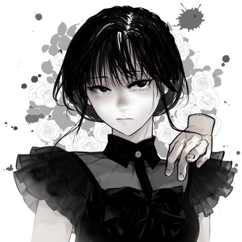 1girl addams_family animification black_dress black_eyes black_hair closed_mouth disembodied_hand dress flower highres i-pan looking_at_viewer rose short_sleeves solo stitches thing_(addams_family) upper_body wednesday_(netflix) wednesday_addams white_flower white_rose
