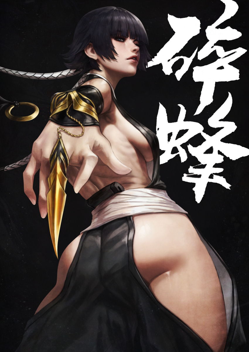 1girl absurdres ass ass_peek backless_outfit bare_back black_background black_hair black_hakama black_kimono bleach breasts from_behind from_below hakama haori highres hip_vent houmonka japanese_clothes kimono looking_at_viewer looking_down monori_rogue obi reaching reaching_towards_viewer sash shikai shinigami short_hair_with_long_locks sideboob sideless_kimono solo standing sui-feng suzumebachi_(shikai) white_sash zanpakutou