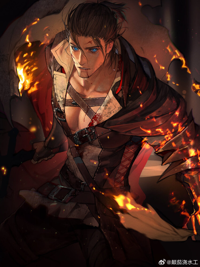 1boy adventurer_(ff14) armor bara beard_stubble blood blood_from_mouth burning_clothes chest_harness chinese_commentary eboda-x facial_hair feet_out_of_frame glowing glowing_eyes hair_slicked_back harness highres large_pectorals looking_at_viewer male_focus mature_male medium_hair messy_hair mustache_stubble pectoral_cleavage pectorals scar scar_across_eye scar_on_face serious solo stubble thick_eyebrows warrior_of_light_(ff14) watermark weibo_watermark
