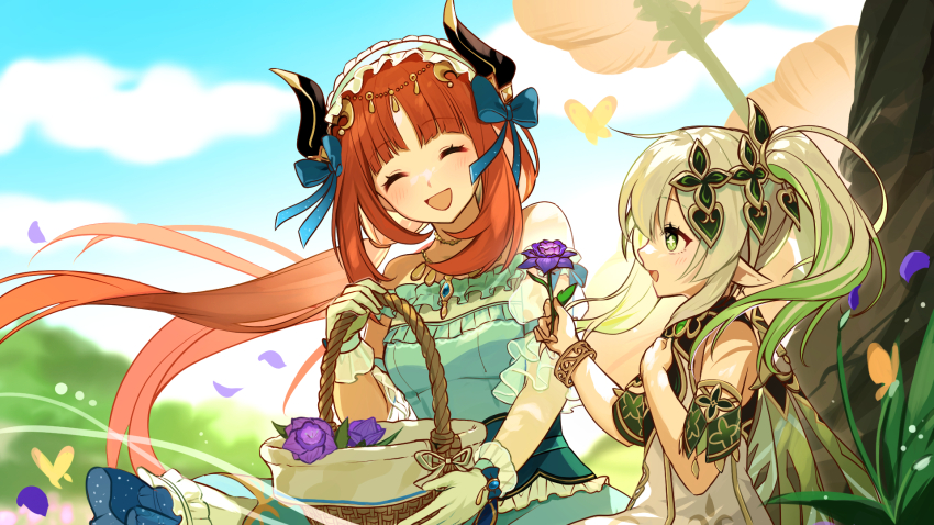 2girls :d ^_^ arisuke_(natuyan) arm_strap basket blue_bow blue_shirt blue_skirt bow bracelet bug butterfly closed_eyes day dress floating_hair flower genshin_impact gloves green_eyes green_hair hair_bow highres holding holding_flower horns insect jewelry long_hair multicolored_hair multiple_girls nahida_(genshin_impact) nilou_(genshin_impact) nilou_(gigo)_(genshin_impact) open_mouth outdoors pointy_ears purple_flower red_hair shirt skirt sleeveless sleeveless_shirt smile symbol-shaped_pupils twintails two-tone_hair very_long_hair white_dress white_gloves white_hair