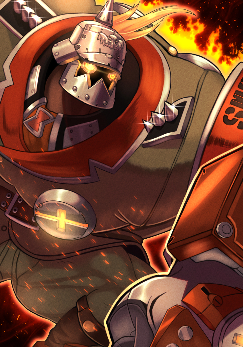 1boy absurdres armband belt brown_belt clenched_hand dark_skin embers epaulettes feet_out_of_frame fire gauntlets glowing glowing_eyes green_jacket green_pants guilty_gear guilty_gear_strive helmet highres jacket male_focus manly mechabare military_uniform muscular muscular_male pants plume potemkin_(guilty_gear) red_background shoulder_spikes silverchariotx solo sparkle spiked_helmet spikes