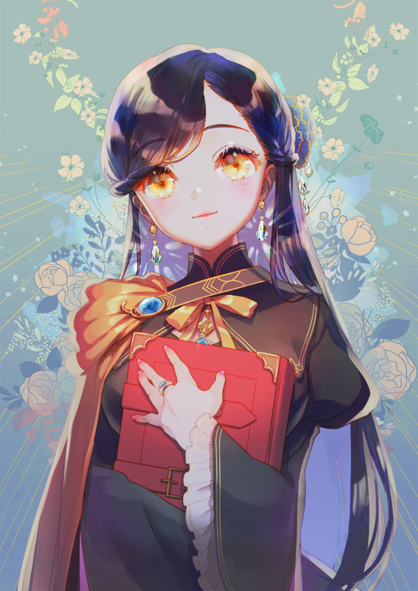 1girl aqua_background black_dress blue_hair blush book braid breasts brooch cape closed_mouth dress earrings eyelashes floral_background flower frilled_sleeves frills gem hair_flower hair_ornament half_updo highres holding holding_book honzuki_no_gekokujou hugging_object jewelry juliet_sleeves lipstick long_hair long_sleeves looking_at_viewer myne_(honzuki_no_gekokujou) makeup medium_breasts nail_polish neck_ribbon pendant pink_nails puffy_sleeves ribbon ring side_cape smile solo sparkle swept_bangs upper_body wide_sleeves yellow_cape yellow_eyes yukino_neko