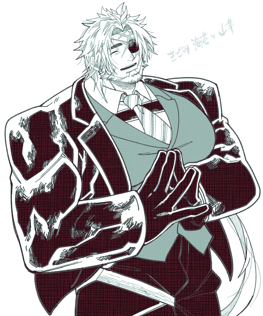 1boy bara beard blue_hair character_request closed_eyes cowboy_shot eyepatch facial_hair formal_clothes full_beard highres huge_pectorals kizami_nori_to_yamaimo large_hands live_a_hero male_focus mature_male mismatched_eyebrows monochrome muscular muscular_male own_hands_together scar scar_across_eye scar_on_face solo standing suit thick_beard thick_eyebrows translation_request