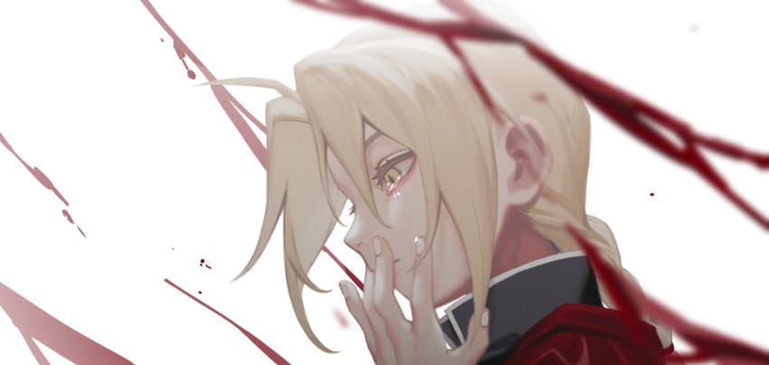 1boy bizarre_rain black_jacket blonde_hair blood braid braided_ponytail cbow coat covering_own_mouth crying edward_elric eyelashes from_side fullmetal_alchemist hand_over_own_mouth hand_up jacket long_hair looking_away male_focus portrait profile red_coat simple_background single_braid solo tears white_background yellow_eyes