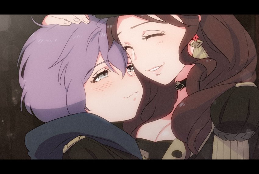 2girls bernadetta_von_varley breasts brown_hair choker cleavage closed_eyes closed_mouth dorothea_arnault earrings fire_emblem fire_emblem:_three_houses garreg_mach_monastery_uniform grey_eyes hand_on_another&#039;s_head hood hood_down jewelry letterboxed long_hair multiple_girls nichihamueasler nintendo parted_lips purple_hair short_hair smile