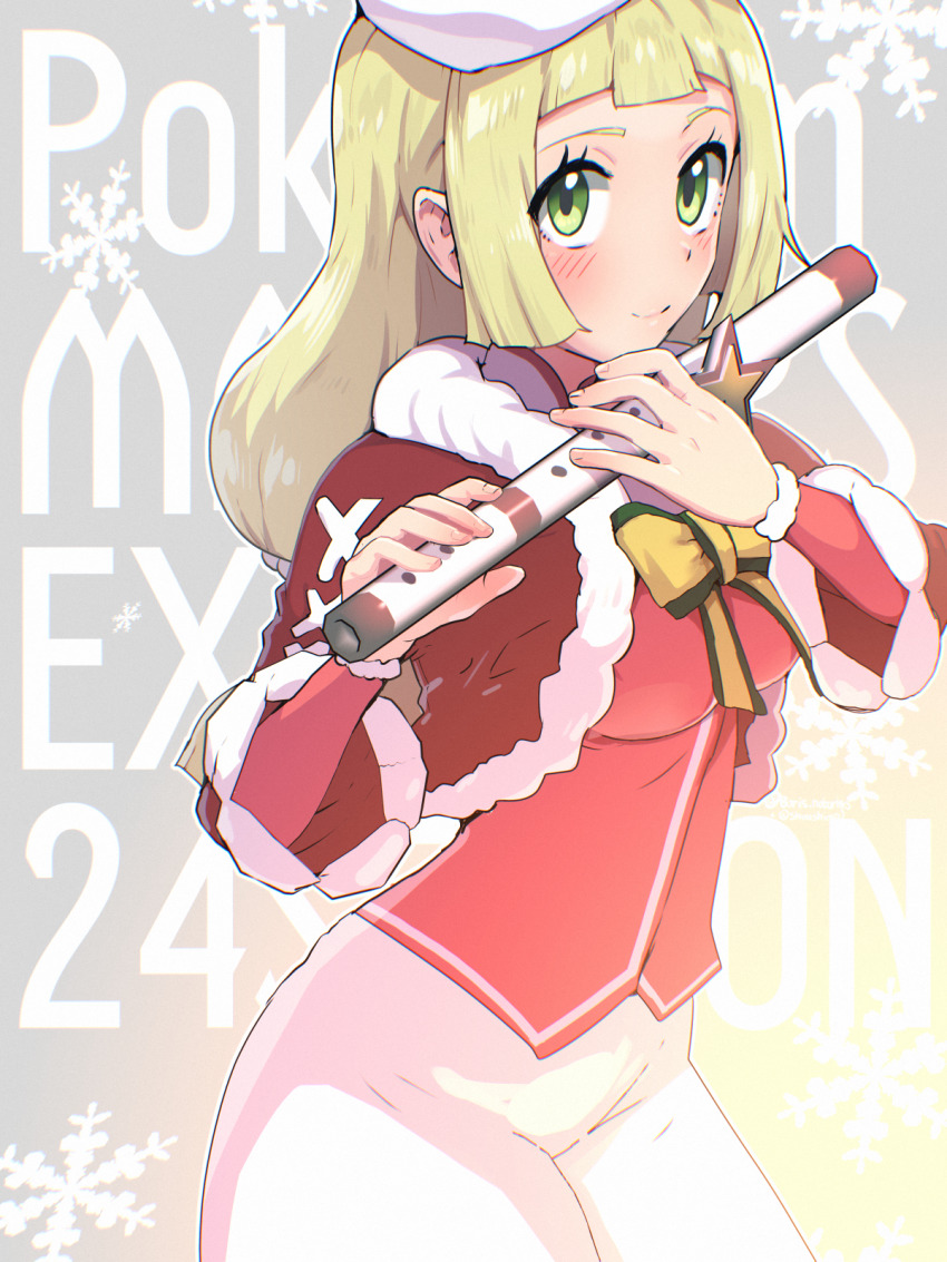 1girl blonde_hair boris_(noborhys) green_eyes lillie_(holiday_2024)_(pokemon) lillie_(pokemon) nintendo official_alternate_costume pokemon pokemon_masters_ex solo