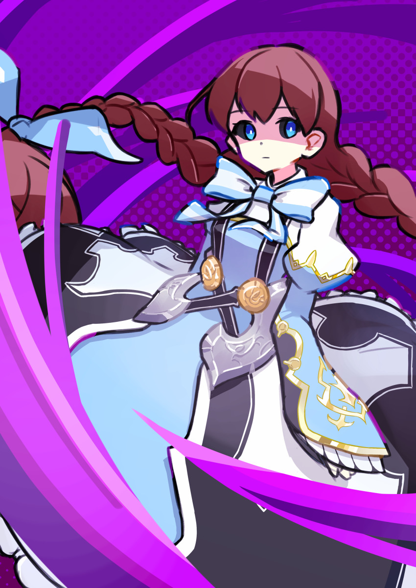 1girl aqua_dress black_sclera black_slera braid breasts brown_hair closed_mouth colored_sclera cowboy_shot dress eduald_dayo grimms_echoes juliet_sleeves long_hair long_sleeves looking_at_viewer medium_breasts neck_ribbon puffy_sleeves purple_energy ribbon shaded_face solo twin_braids vertical-striped_ribbon void_dorothy_(grimms_echoes)