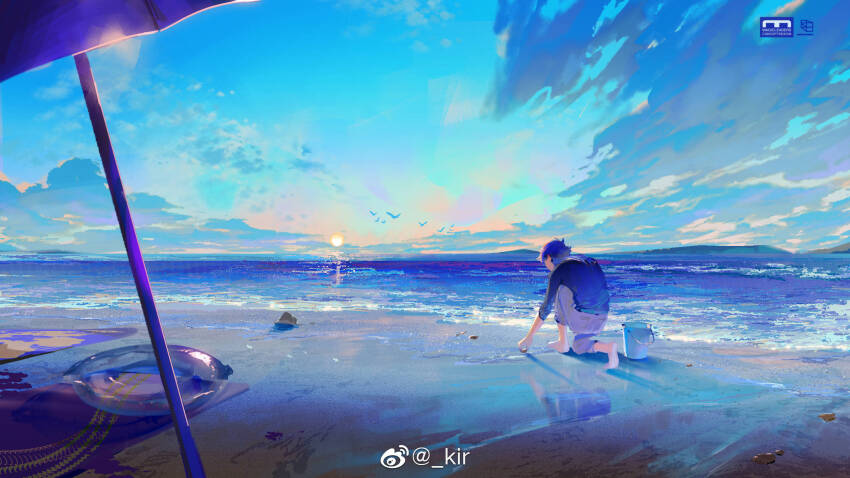 1boy barefoot beach_towel beach_umbrella blue_hair blue_jacket blue_sky bucket character_request chinese_commentary cloud commentary_request copyright_request denim feet flock from_behind full_body gradient_sky grey_pants hat highres jacket jeans long_sleeves moruki ocean official_art on_one_knee pants pebble picking_up purple_umbrella reflective_floor scenery shore short_hair simple_bird sky soles solo sun sunrise three-quarter_sleeves towel transparent_innertube umbrella unworn_hat unworn_headwear watermark weibo_watermark yellow_hat