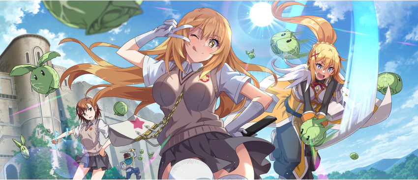 1boy 3girls ;q armor asymmetrical_bangs bag between_breasts black_bodysuit blonde_hair blue_eyes blue_sky bodysuit boobplate braid breastplate breasts brown_eyes brown_hair brown_sweater_vest cabbage cabbage_(konosuba) cape cloud cloudy_sky coin collared_shirt controller creature crossover darkness_(konosuba) day dress_shirt elbow_gloves electricity electrokinesis emblem from_below game_cg gloves green_cape grey_skirt hair_behind_ear hair_between_eyes hair_ornament hairpin hand_on_own_hip hand_up highres holding holding_remote_control holding_sword holding_weapon kono_subarashii_sekai_ni_shukufuku_wo! konosuba!_fantastic_days large_breasts light_blush long_hair long_sleeves looking_at_another looking_at_viewer medium_hair miniskirt misaka_mikoto multiple_girls neck_ribbon official_art one_eye_closed open_mouth outdoors pauldrons pleated_skirt ponytail ponytail_with_braided_base railgun_(misaka_mikoto) red_ribbon remote_control ribbon satou_kazuma school_emblem school_uniform shade shirt shokuhou_misaki short_hair short_shorts short_sleeves shorts shorts_under_skirt shoulder_armor shoulder_bag sidelocks single_pauldron skirt sky slashing small_breasts smile spider_web_print standing star-shaped_pupils star_(symbol) strap_between_breasts summer_uniform sun sunlight sweater_vest sword symbol-shaped_pupils thighhighs thighs toaru_kagaku_no_railgun toaru_majutsu_no_index tokiwadai_school_uniform tongue tongue_out underbust v v-neck v-shaped_eyebrows v_over_eye very_long_hair weapon white_gloves white_shirt white_shorts white_thighhighs x_hair_ornament yellow_eyes zettai_ryouiki