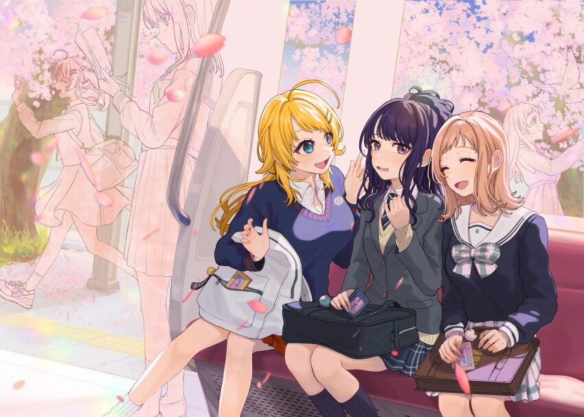 3girls :d ahoge averting_eyes backpack bag bag_charm bag_on_lap bird black_bag black_socks blazer blonde_hair blue_eyes blue_skirt blue_sweater blush book bow bowtie breasts brown_bag brown_sweater charm_(object) cherry_blossoms closed_eyes collarbone collared_shirt commentary_request day dot_nose dual_persona falling_petals feet_out_of_frame furrowed_brow grey_jacket grey_necktie hachimiya_meguru hair_ornament hair_over_shoulder hair_tie hairclip hand_up hands_up high_ponytail highres holding holding_book id_card idolmaster idolmaster_shiny_colors illumination_stars_(idolmaster) indoors jacket kazano_hiori knees large_breasts light_brown_hair long_hair long_sleeves looking_at_another looking_down medium_breasts medium_hair miniskirt mole mole_under_mouth multiple_girls neckerchief necktie open_collar open_mouth petals pink_bow pink_bowtie pink_skirt plaid_bow plaid_bowtie plaid_clothes plaid_necktie plaid_skirt pleated_skirt ponytail purple_eyes purple_hair raised_eyebrows reading red_skirt running sailor_collar sakuragi_mano school_bag school_uniform serafuku shirt shoes shoulder_bag sidelocks sitting skirt small_breasts smile sneakers socks sweater swept_bangs tactile_paving tanupon thick_eyelashes train_interior transparent v-shaped_eyebrows wavy_mouth white_bag white_sailor_collar white_shirt white_socks
