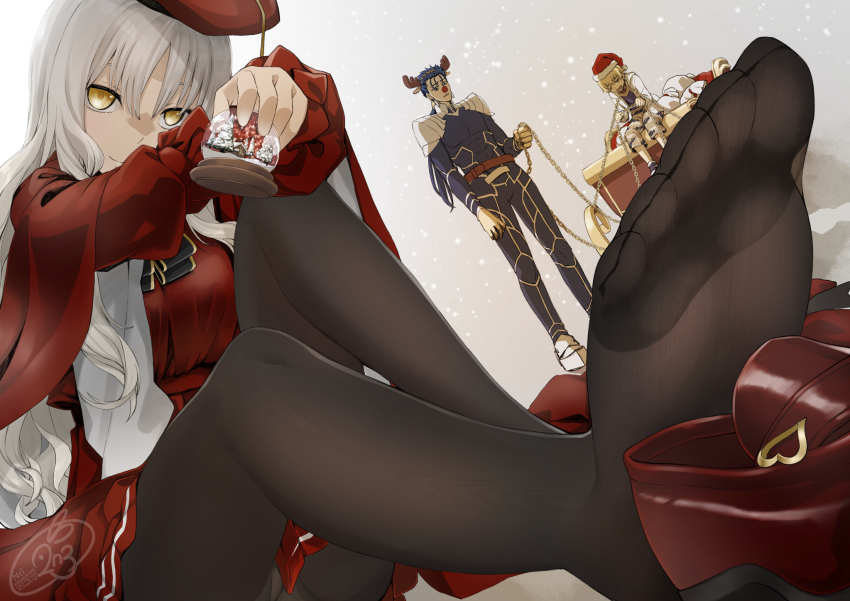 1girl 2boys animal_costume armor beret black_pantyhose blonde_hair blue_bodysuit blue_hair bodysuit breasts brooch caren_hortensia caren_hortensia_(amor_caren) caren_hortensia_(amor_caren)_(second_ascension) child child_gilgamesh_(fate) christmas cu_chulainn_(fate) dress earrings fate/grand_order fate_(series) feet gilgamesh_(fate) hat highres holding holding_snow_globe jacket jewelry long_hair long_sleeves looking_at_viewer medium_breasts multiple_boys neck_ribbon nonone_(the9thxsheep) pantyhose ponytail red_dress red_eyes red_hat red_nose reindeer_costume ribbon santa_hat shawl shirt short_hair shorts shroud_of_magdalene sleigh smile snow_globe snowing thighs wavy_hair white_hair yellow_eyes