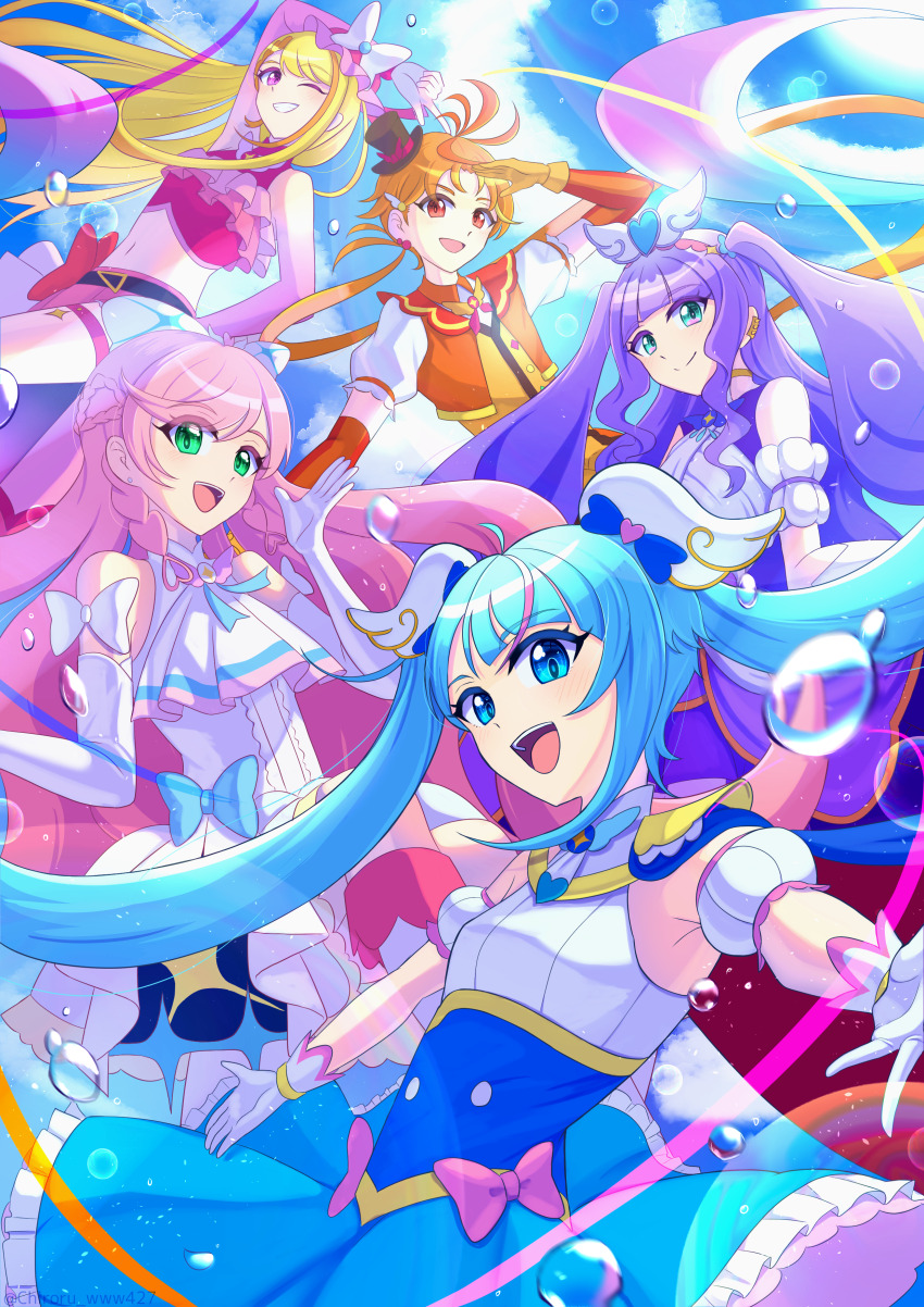 1boy 4girls absurdres aqua_eyes arm_behind_head ascot belt black_belt black_hat blonde_hair blue_bow blue_cape blue_dress blue_eyes blue_hair blue_sky boots bow bow_skirt braid braided_bangs bridal_gauntlets brooch butterfly_hat_ornament cape center_frills chiroru_www427 closed_mouth clothing_cutout cloud cloudy_sky cropped_jacket cropped_shirt crown_braid cure_butterfly cure_majesty cure_prism cure_sky cure_wing cut_bangs day detached_sleeves dress dress_bow earclip elbow_gloves ellee-chan frilled_dress frilled_shirt frills glove_bow gloves green_eyes grin hair_bow hair_ornament hat hat_ornament highres hijiri_ageha hirogaru_sky!_precure index_finger_raised jacket jewelry layered_dress layered_gloves lens_flare long_hair looking_at_viewer magical_boy magical_girl medium_dress microskirt midriff mini_hat mini_top_hat mob_cap multicolored_hair multiple_girls navel nijigaoka_mashiro one_eye_closed open_mouth orange_gloves orange_hair orange_jacket orange_vest outdoors outstretched_arms pink_bow pink_gloves pink_hair pink_hat pink_shirt pink_skirt precure puffy_detached_sleeves puffy_short_sleeves puffy_sleeves purple_dress purple_eyes purple_hair red_bow red_cape red_eyes shading_eyes shirt short_sleeves shoulder_cutout side_braids single_sidelock skirt skirt_hold sky sleeveless sleeveless_dress sleeveless_shirt smile sora_harewataru spread_arms standing streaked_hair thigh_strap tilted_headwear top_hat twintails two-sided_cape two-sided_fabric two-tone_dress two-tone_hair two_side_up very_long_hair vest water_drop white_ascot white_boots white_bow white_dress white_gloves wing_brooch wing_hair_ornament yuunagi_tsubasa