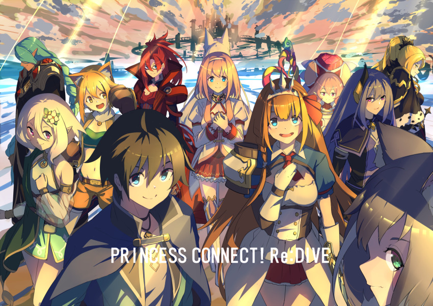 2boys black_hair blue_eyes christina_(princess_connect!) copyright_name flower hair_ornament hiyori_(princess_connect!) karyl_(princess_connect!) kokkoro_(princess_connect!) labyrista_(princess_connect!) long_hair momiji_oroshi multiple_boys multiple_girls neneka_(princess_connect!) own_hands_together pecorine_(princess_connect!) pink_hair pointy_ears princess_connect! red_eyes rei_(princess_connect!) senri_mana short_hair white_hair yui_(princess_connect!) yuuki_(princess_connect!)