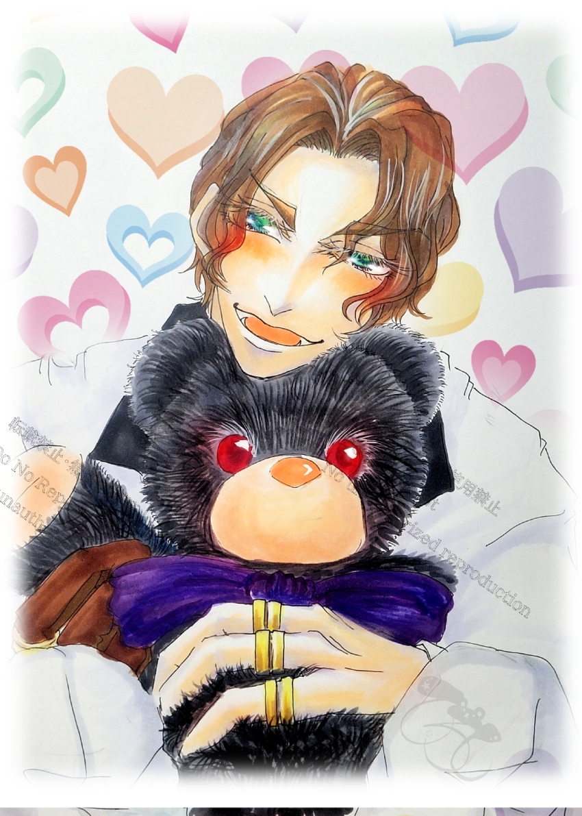 1boy black_jacket blush brown_hair curly_hair formal_clothes gloves gold_ring green_eyes heart heart_background highres holding holding_teddy_bear jacket jewelry long_sleeves looking_at_viewer male_focus multiple_rings nikola_tesla_(shuumatsu_no_valkyrie) one_glove open_mouth ring short_hair shuumatsu_no_valkyrie single_glove smile solo two-sided_fabric upper_body vest white_background white_jacket