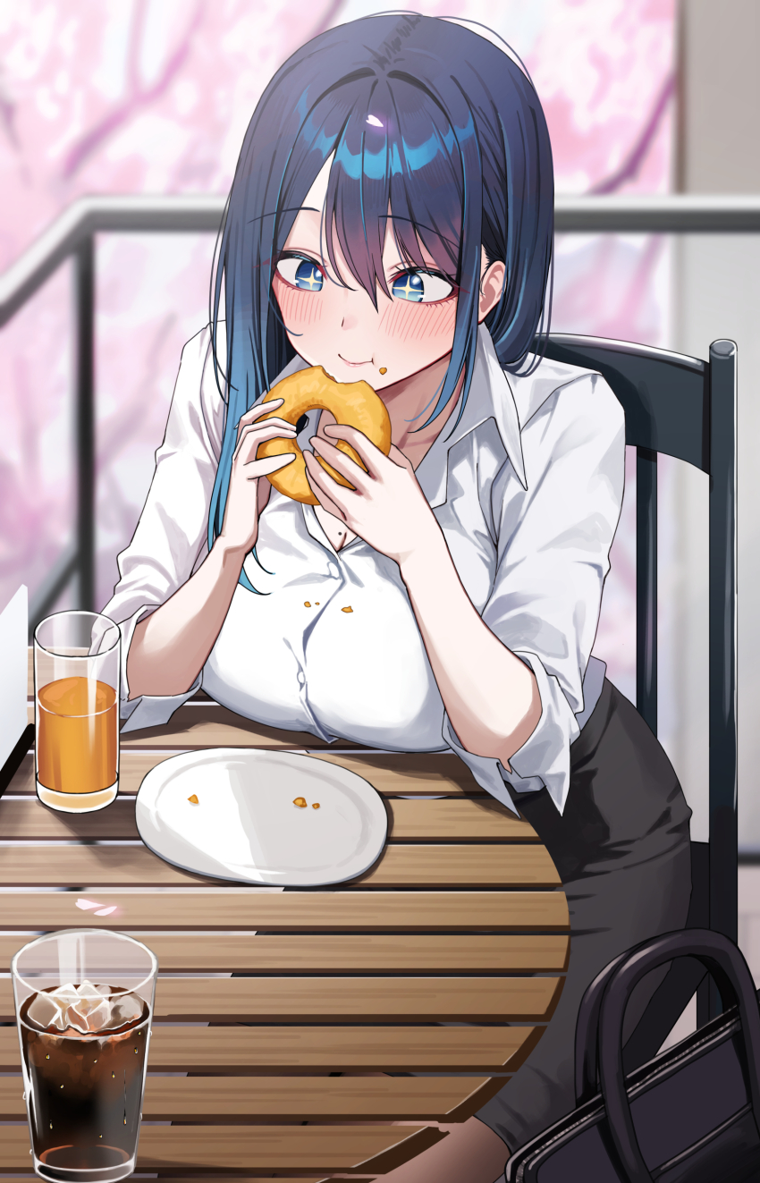 +_+ 1girl :t absurdres bag black_skirt blue_eyes blue_hair blurry blurry_background blush breast_rest breasts breasts_on_table brown_pantyhose buttons cherry_blossoms cleavage closed_mouth collarbone collared_shirt crumbs cup depth_of_field donut drink drinking_glass eating elbows_on_table feet_out_of_frame food food_on_face hair_between_eyes hair_intakes hair_over_shoulder handbag hands_up highres holding holding_donut holding_food ice ice_cube juice kouhai-chan_(udon) large_breasts long_sleeves looking_at_object medium_hair miniskirt mole mole_on_breast napkin_holder office_lady on_chair open_collar orange_juice original outdoors pantyhose pencil_skirt plate railing round_table shirt shirt_tucked_in sidelocks sitting skirt sleeves_rolled_up smile soda solo table udon_(udonalium) white_shirt wooden_table