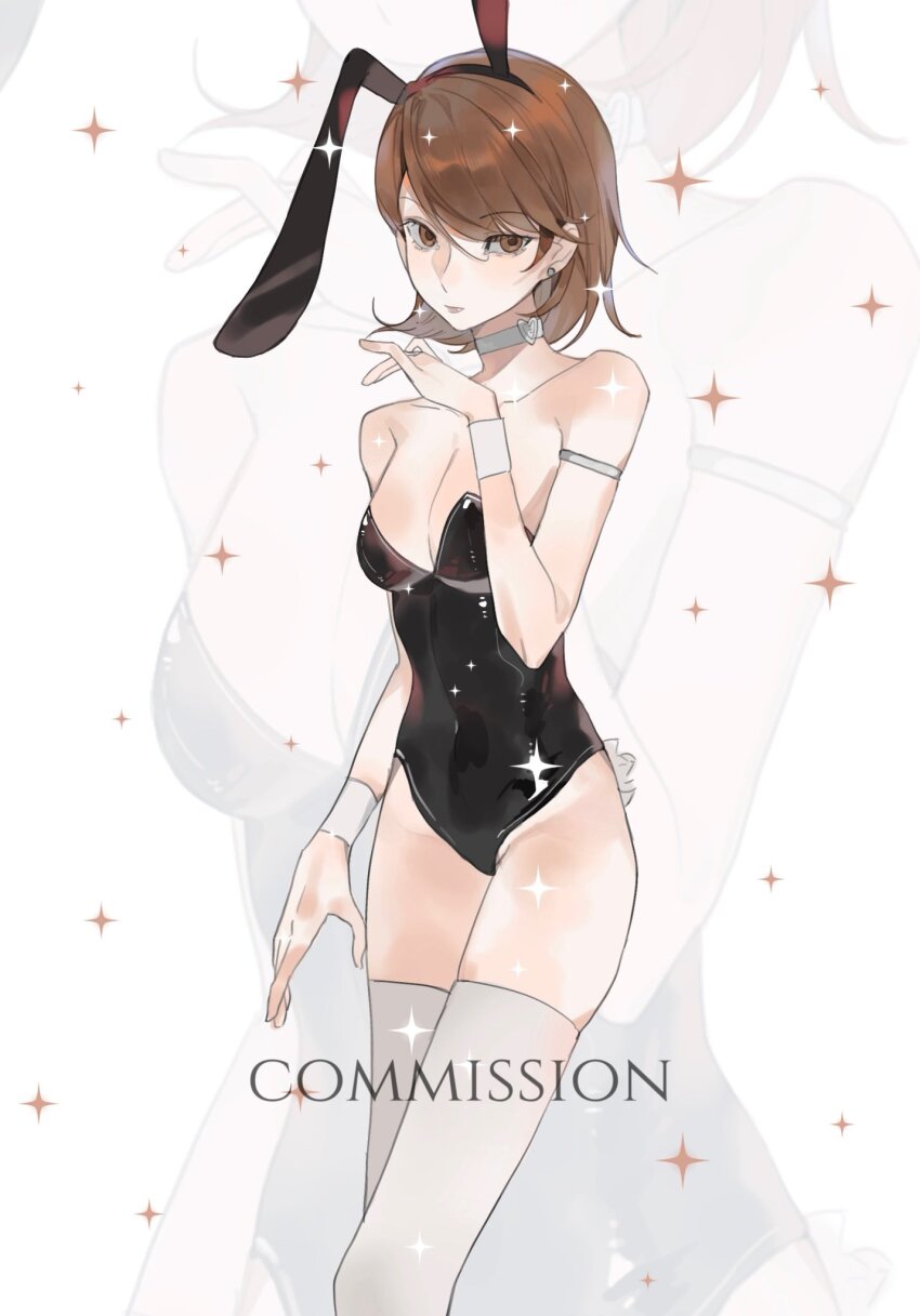 1girl animal_ears armlet black_leotard breasts brown_eyes brown_hair choker cleavage closed_mouth earrings heart heart_choker highres jewelry leotard looking_at_viewer medium_breasts persona persona_3 playboy_bunny rabbit_ears rabbit_tail short_hair soda_san soda_shan7 solo stud_earrings tail takeba_yukari thighhighs white_choker white_thighhighs wrist_cuffs