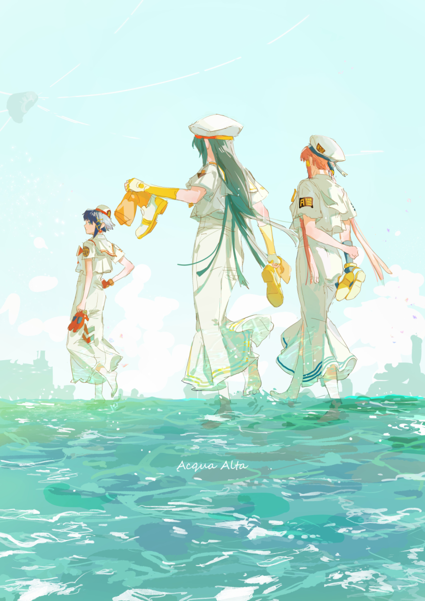 3girls aika_granzchesta alice_carroll aqua_hair aria_(manga) aria_company_uniform arm_behind_back barefoot blue_hair boots capelet caustics character_request check_character dress earrings facing_away from_behind garrison_cap gloves hair_ornament hand_on_own_hip hat high_heels highres himeya_company_uniform holding holding_shoes holding_unworn_clothes jewelry long_dress long_hair long_sidelocks looking_back mizunashi_akari multiple_girls orange_planet_uniform outdoors pink_hair profile sailor_hat sankomichi shoes short_hair sidelocks single_glove sky unworn_shoes wading walking water x_hair_ornament yellow_eyes