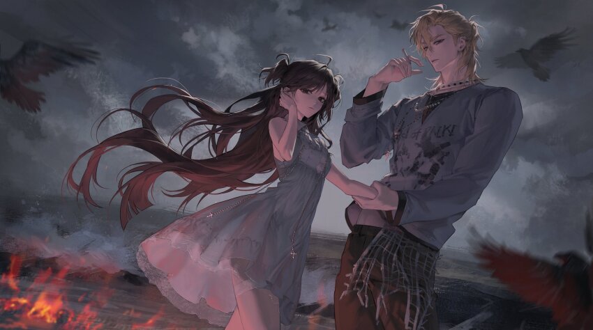 1boy 1girl black_hair black_pants blonde_hair cigarette degrees_of_lewdity dress fire grey_dress grey_shirt grey_sky highres holding holding_cigarette long_hair looking_at_viewer outdoors owhe6xinjl66160 pants player_character_(degrees_of_lewdity) player_character_(female)_(degrees_of_lewdity) shirt short_hair sky sleeveless sleeveless_dress whitney_(degrees_of_lewdity) whitney_(male)_(degrees_of_lewdity)
