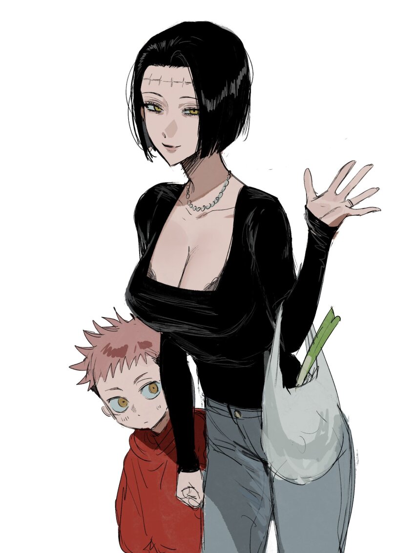 1boy 1girl aged_down bag bead_necklace beads black_hair black_shirt bra bra_peek breasts child cleavage denim elbow_carry fallsoki grocery_bag hand_up highres holding holding_bag holding_hands hood hood_down hoodie itadori_kaori itadori_yuuji jeans jewelry jujutsu_kaisen kenjaku large_breasts long_sleeves mature_female mother_and_son necklace pants pearl_necklace pink_hair red_hoodie scar scar_on_face scar_on_forehead scoop_neck shirt shopping_bag short_hair smile spiked_hair spring_onion undercut underwear waving yellow_eyes