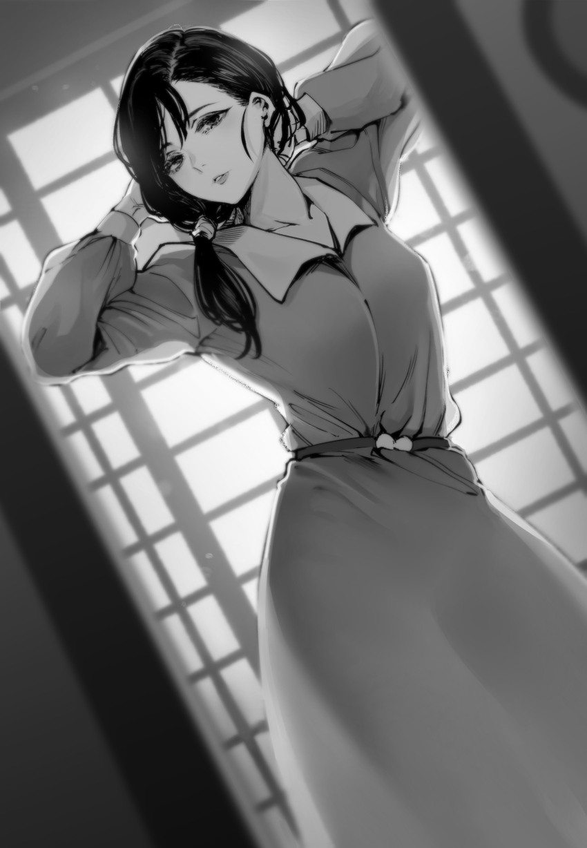 1girl absurdres arms_behind_head belt breasts collarbone collared_dress commentary_request cowboy_shot doorway dress dutch_angle from_outside greyscale highres lips long_hair long_sleeves looking_at_viewer low_twintails medium_breasts monochrome paranormasight:_the_seven_mysteries_of_honjo parted_lips sakayama_shinta shigima_harue sliding_doors solo standing twintails
